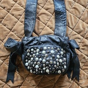Y2k Black Leather Bag with Silver Studs And Bows